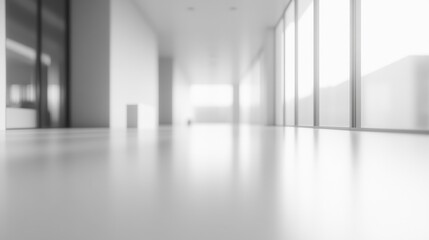 Obraz premium Blurred abstract perspective of a minimalist white office, with large windows and open space, perfect for a modern background design concept.