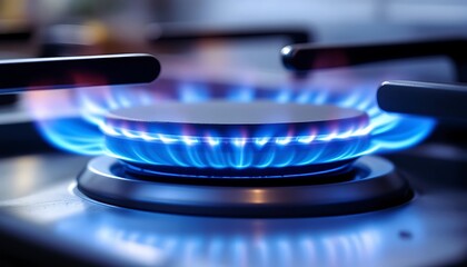 Gas Stovetop Burner: Intense Blue Flames, Close-Up, Modern Kitchen
