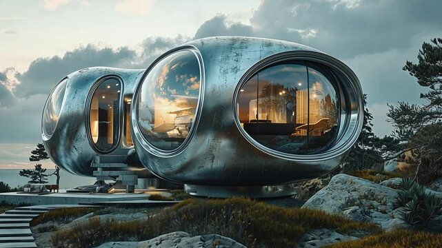 Futuristic Pod Home: A unique, futuristic home featuring rounded, pod-like structures with large circular windows offering panoramic views. The sleek.