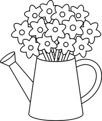 Flowers in Watering Can outline.
Cute Outdoor Garden watering can with flowers coloring page Vector.
Transparent background.