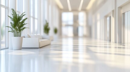 Blurred image of a spacious, white-themed office with contemporary furnishings, providing a clean and sophisticated background design concept.