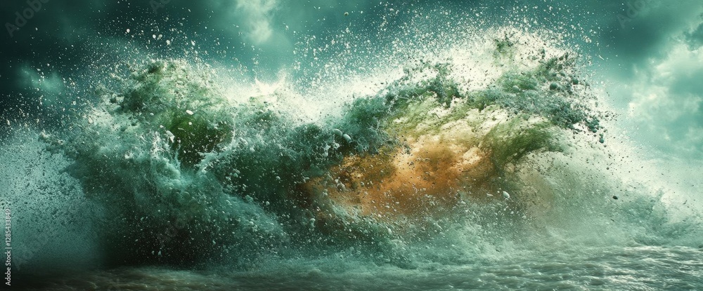 Aufkleber powerful ocean wave crashing with white foam and turquoise water against a cloudy sky creating a dyn