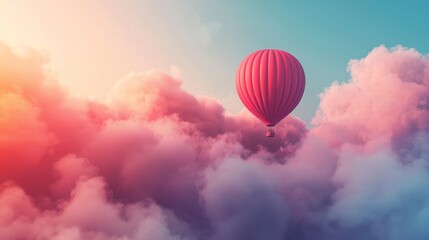 Naklejka premium Hot air balloon floating in dreamy pink and purple clouds