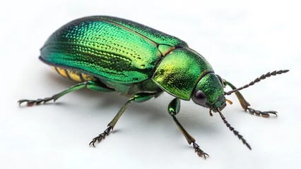 Fototapeta premium Jewel Beetle's Emerald Armor: Macro shot of a vibrant jewel beetle, its iridescent, metallic green shell gleaming under the light.