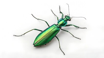 Fototapeta premium Emerald Jewel Beetle: Capture the dazzling beauty of a resplendent jewel beetle, its iridescent, metallic-green carapace gleaming under studio lighting.