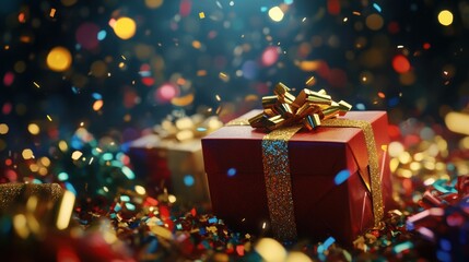 Christmas decorations with gift boxes, shimmering confetti, and glowing bokeh lights, adding a festive touch to any holiday design.