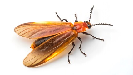 Glowbug's Luminescence: A striking firefly, its wings spread in flight, illuminated by its bioluminescent glow, set against a pure background, showcasing its intricate beauty.