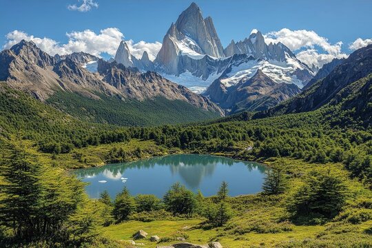 Fitz Roy Mountain Reflection on Lake with Lush Green Forest Landscape under Blue Sky with White Clouds in Patagonia Argentina - Powered by Adobe