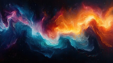 A vibrant abstract artwork features swirling colors and textures, radiating light and energy The piece evokes a sense of cosmic wonder and depth with rich hues of blue, orange, and purple