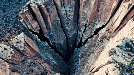 Aerial view of cracked dry earth with deep fissures, showcasing land subsidence and drought impact, environmental change and climate crisis concept.