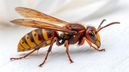 Vibrant Hornet Portrait: An up-close and detailed view of a hornet, showcasing its striking yellow and black stripes, transparent wings, and formidable presence.