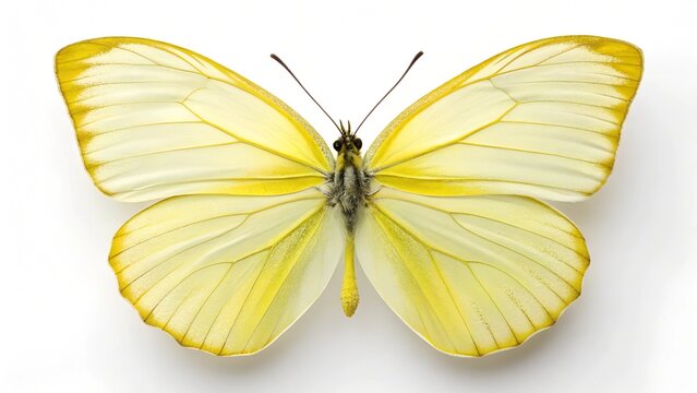 Lemon Yellow Butterfly: A captivating view of a delicate lemon yellow butterfly with its wings gracefully spread, revealing intricate patterns and textures. - Powered by Adobe