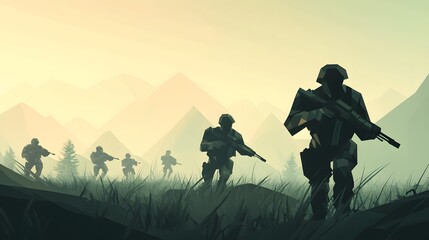 Fototapeta premium Soldiers advancing through misty terrain, group of military personnel navigating rugged landscape at dawn, dramatic atmosphere.
