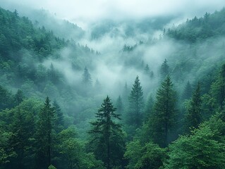 Mist-Enveloped Dense Forest, Tall Trees Amidst Fog, Lush Green Evergreens
