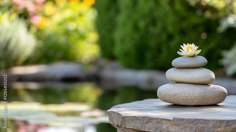 Poster Serene Natural Setting with Lotus Flower and Balancing Stones for Tranquility and Relaxation : Generative AI