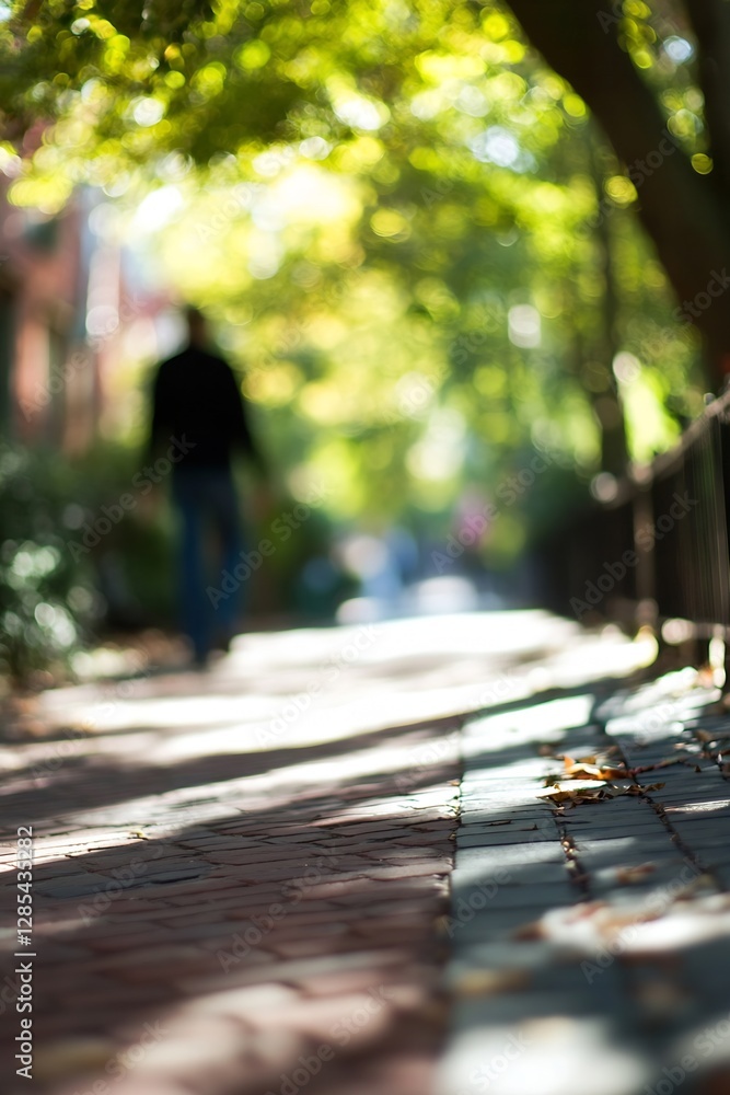 Aufkleber blurred pedestrian pathway with sunlight filtering through lush green trees : generative ai