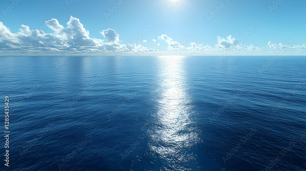 Poster vast blue ocean under a bright sunlit sky with fluffy clouds reflecting sunlight creating a sparklin