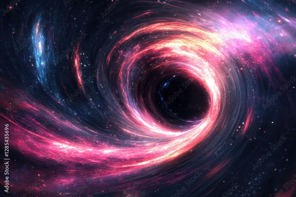 Poster colorful particles and light rays swirl around a cosmic vortex in deep space, particles and neon col