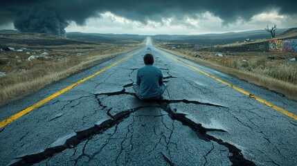 Man Sitting on Cracked Road, Facing Stormy Landscape and Long Highway