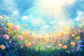 Bright Flowers Bloom Under Sunny Sky in Vibrant Garden During Late Spring, Showcasing Nature's Beauty and Colorful Diversity