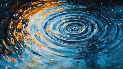 Circular ripples expanding on blue water as rain drops fall, capturing the peaceful effect of rainfall on a calm water surface.