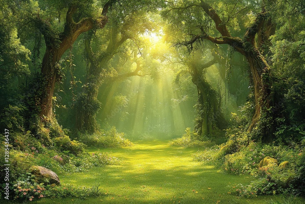 Poster lush green forest path with sunlight streaming through trees in a tranquil setting