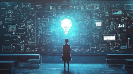 Back view, The teacher stands in front of the blackboard., with a bright light bulb above, surrounded by digital and technological symbols icons.