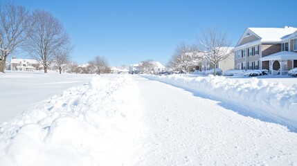 Snowy residential street on a sunny day.  Possible use Stock photo of winter wonderland