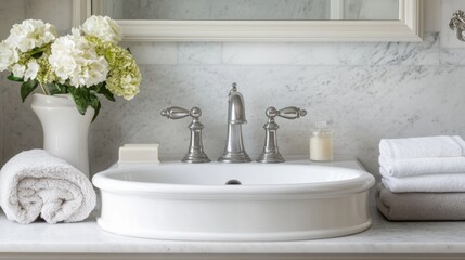 Fototapeta premium Clean white sink paired with a polished faucet, a rolled towel, and a small vase with flowers in a stylish bathroom.