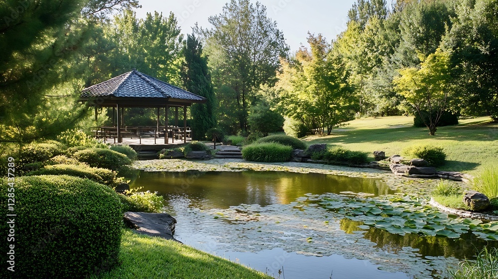 Poster Beautiful serene garden with gazebo and lush greenery surrounding a pond : Generative AI