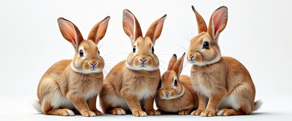 Fototapeta premium Four Cute Brown Rabbits on White Background