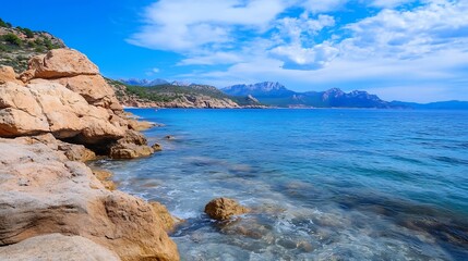 Stunning coastline with rocky shores and clear blue ocean waters : Generative AI