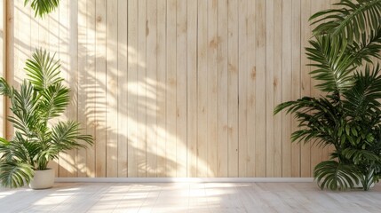 Bright Indoor Space With Wooden Wall and Lush Green Plants Creates a Calming Atmosphere in a Modern Home Setting