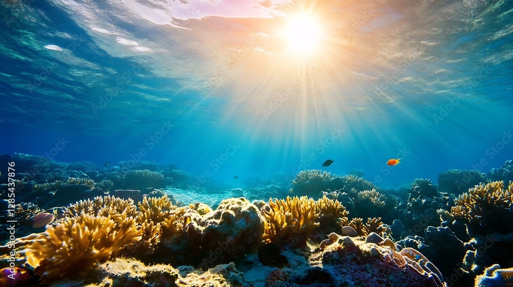 Poster underwater scene with sunlight filtering through waves displaying coral reef life : generative ai