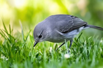 Fototapeta premium Small gray bird foraging in green grass during the daytime, Close-up of a small gray bird pecking at the green grass