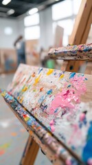 Paint-splattered easel in art studio