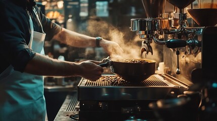 Barista Skillfully Preparing Freshly Ground Coffee in a Cozy Coffee Shop Environment : Generative AI