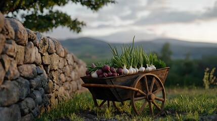 Rustic Wheelbarrow Filled With Fresh Crops and Vegetables on a Sunny Day in Scenic Countryside Landscape