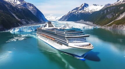Cruise Ship Navigating Through Stunning Fjords With Cascading Waterfalls and Majestic Mountains Under a Clear Blue Sky