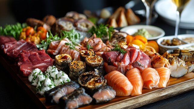 Delicious gourmet seafood and meat platter showcasing a variety of fresh sushi cuts and smoked delicacies : Generative AI - Powered by Adobe