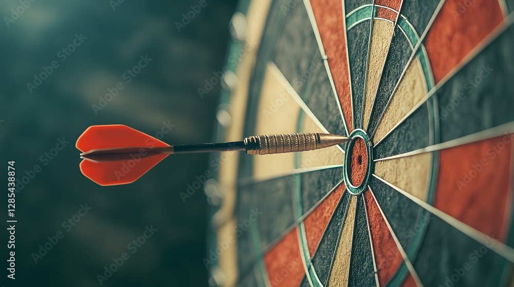 Poster dart striking the bull's-eye with sharp focus on the point of impact
