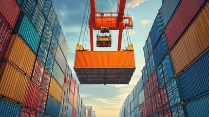 Container being lifted at shipping port front view Cargo handling efficiency digital tone Analogous Color Scheme.