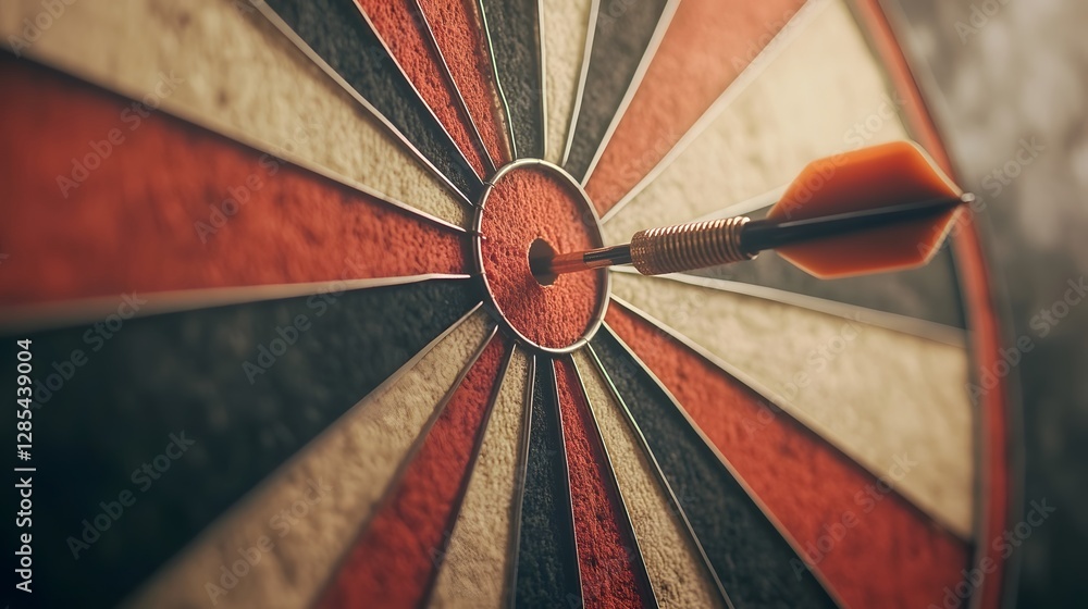 Aufkleber precise dart hitting the bullseye on dartboard with sharp focus