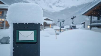 Snow-Covered Post Box in an Alpine Village Surrounded by Winter Landscape
