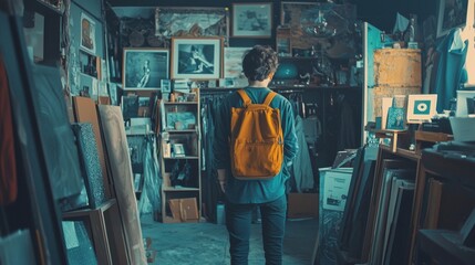 Obraz premium Art student exploring a gallery filled with paintings