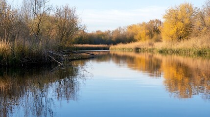 Serene river landscape reflecting autumn foliage beneath blue skies inviting nature lovers for relaxation and tranquility : Generative AI