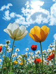 Obraz premium Colorful Flowers Bloom Under a Bright Sun in a Vibrant Meadow Filled With Greenery and Blue Skies