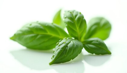Obraz premium Vibrant green basil leaves with water droplets, concept for healthy eating, culinary ingredient and organic food preparation