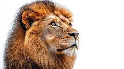 Fototapeta premium A vibrant lion against a white background, its mane flowing in the wind, showcasing the majesty and power of this magnificent animal