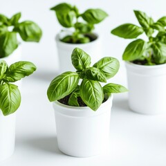 Fresh basil seedlings in small white pots on a white background. Use for a food blog or cooking website